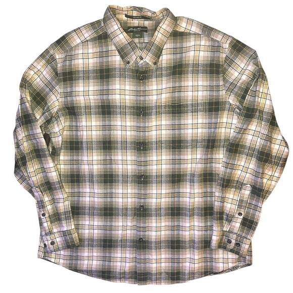 Eddie Bauer Relaxed Fit Plaid Button-Up Shirt XL Green Yellow 100% Cotton - Picture 2 of 5